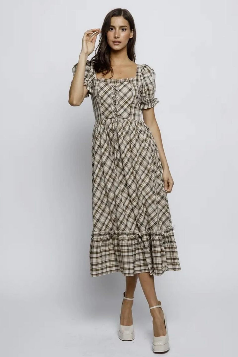 plaid puff sleeve dress