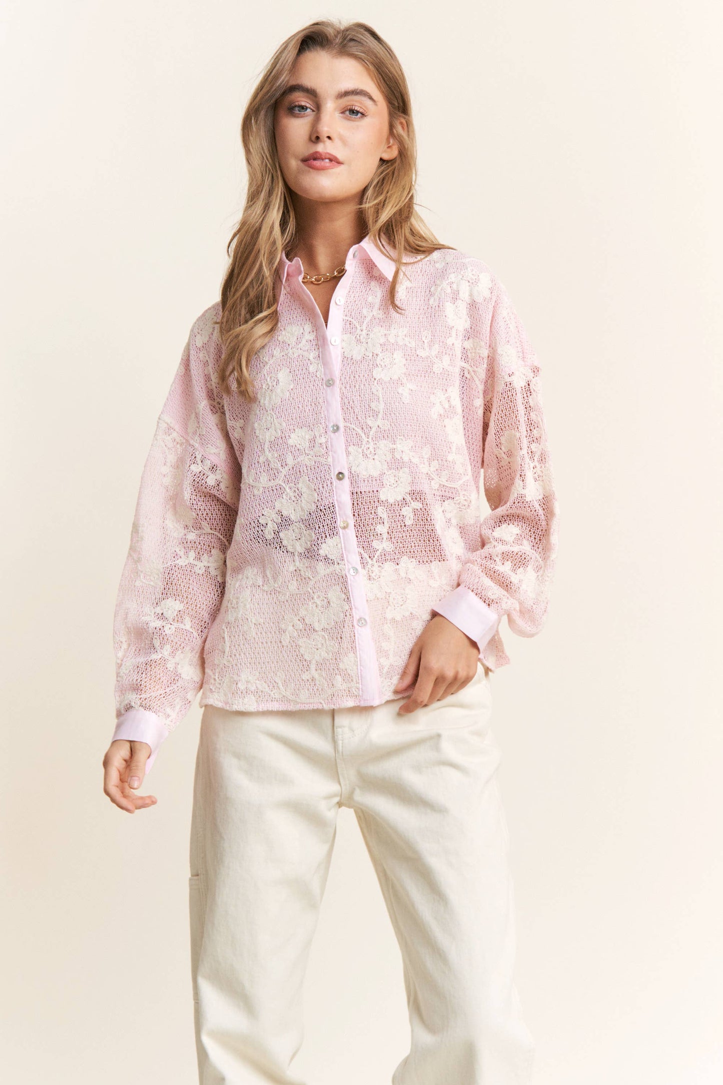 Gauze Lace Floral Embroidered Button Top