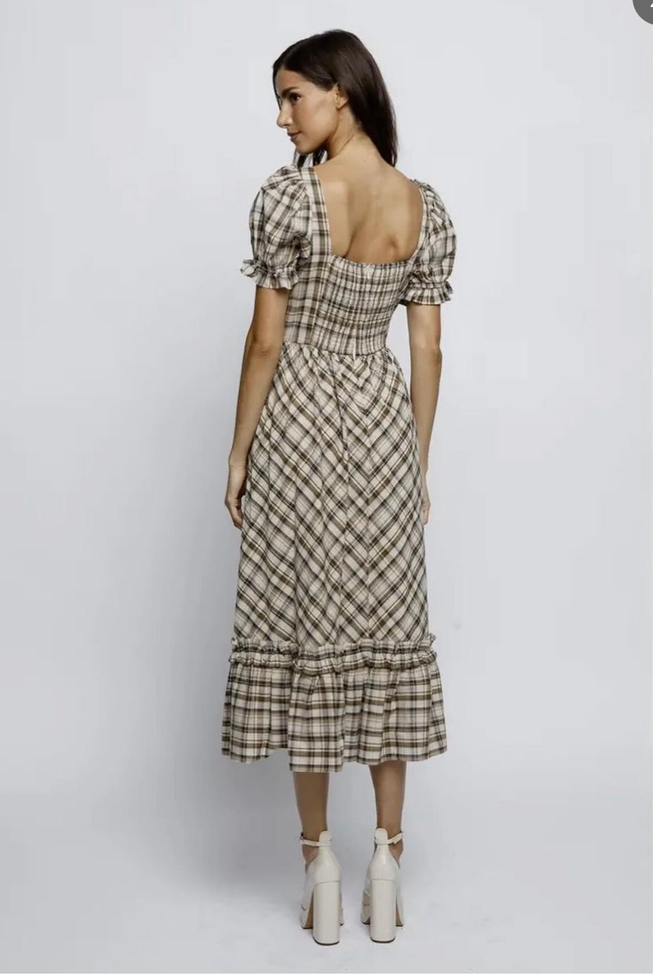 plaid puff sleeve dress