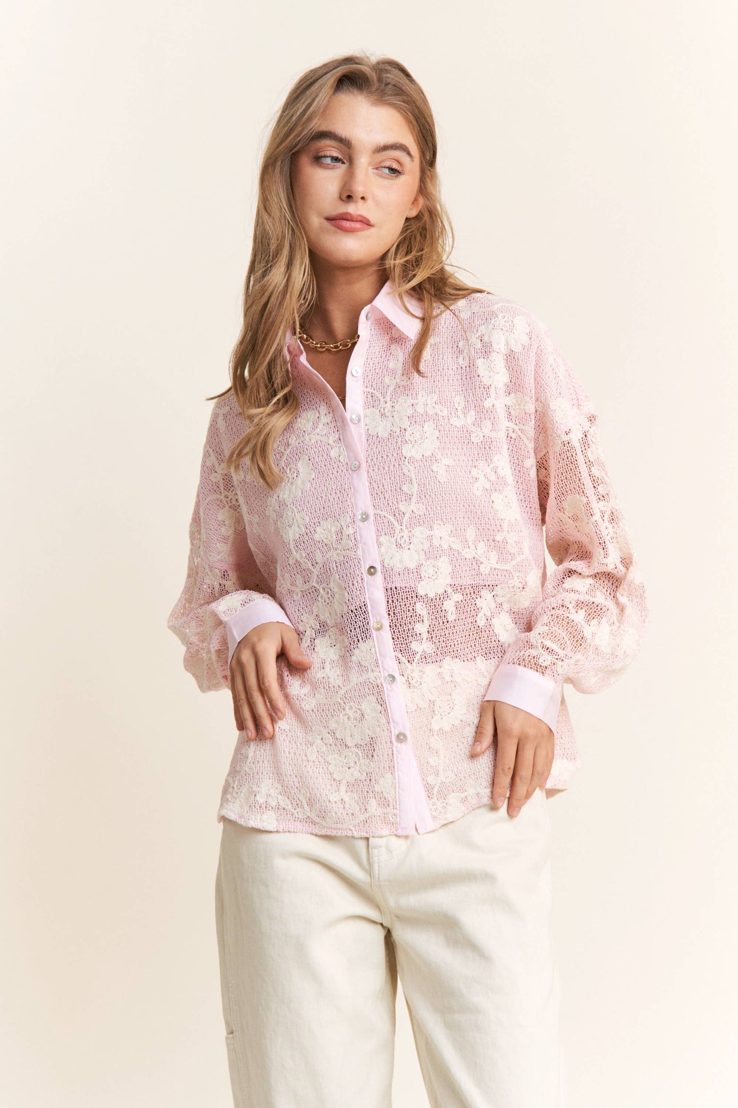 Gauze Lace Floral Embroidered Button Top