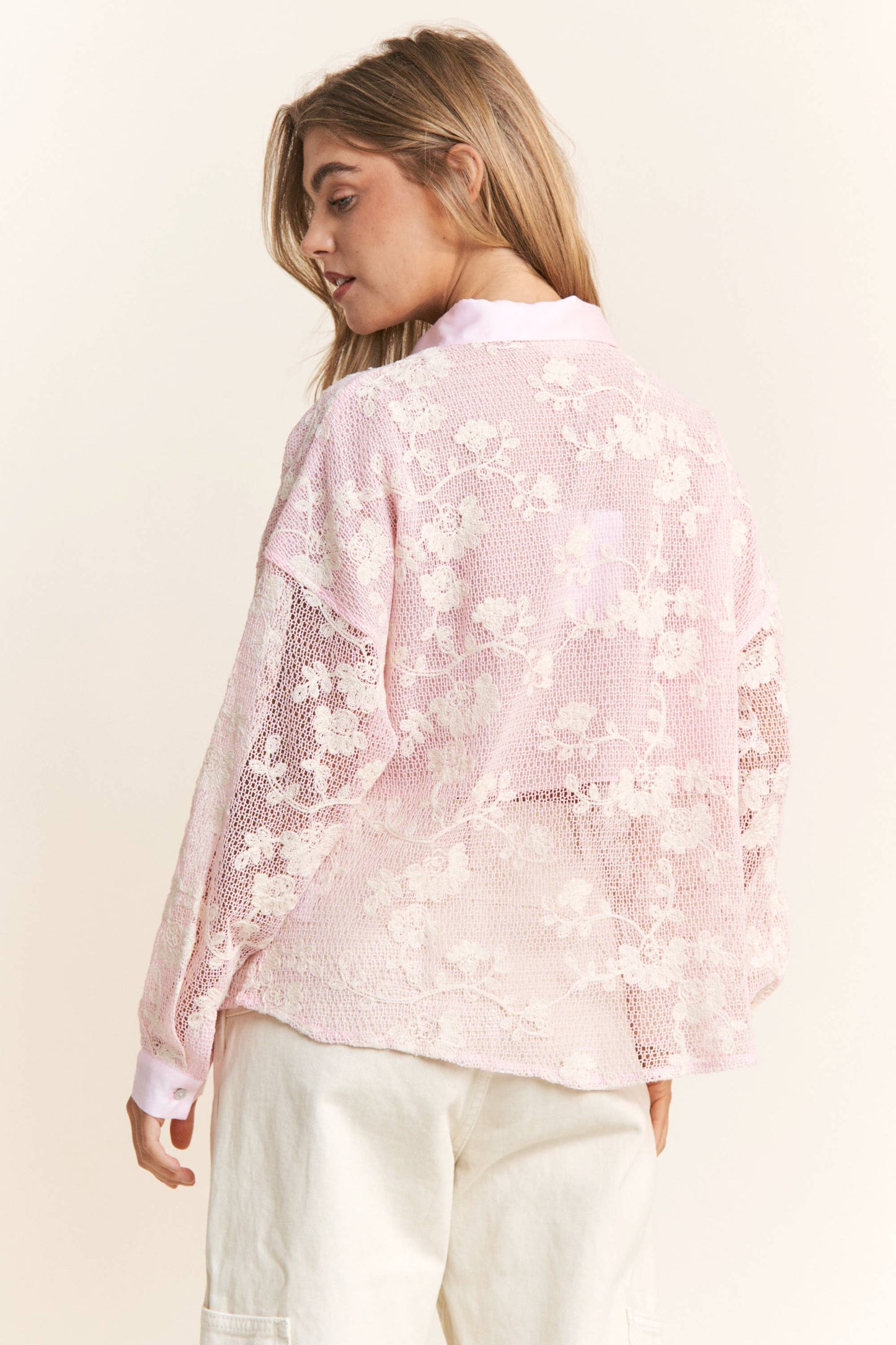 Gauze Lace Floral Embroidered Button Top