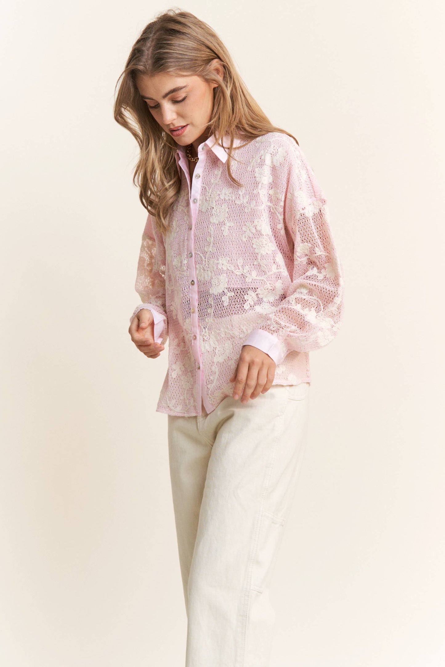 Gauze Lace Floral Embroidered Button Top