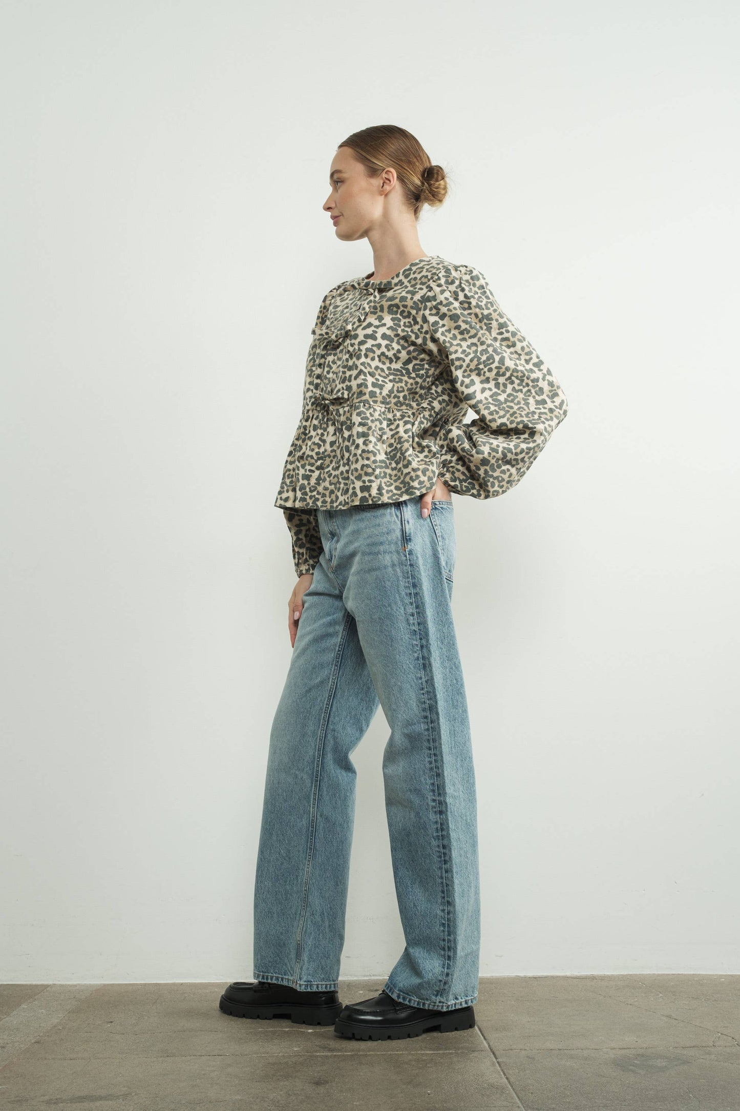 ANIMAL PRINT BOW TIE BLOUSE