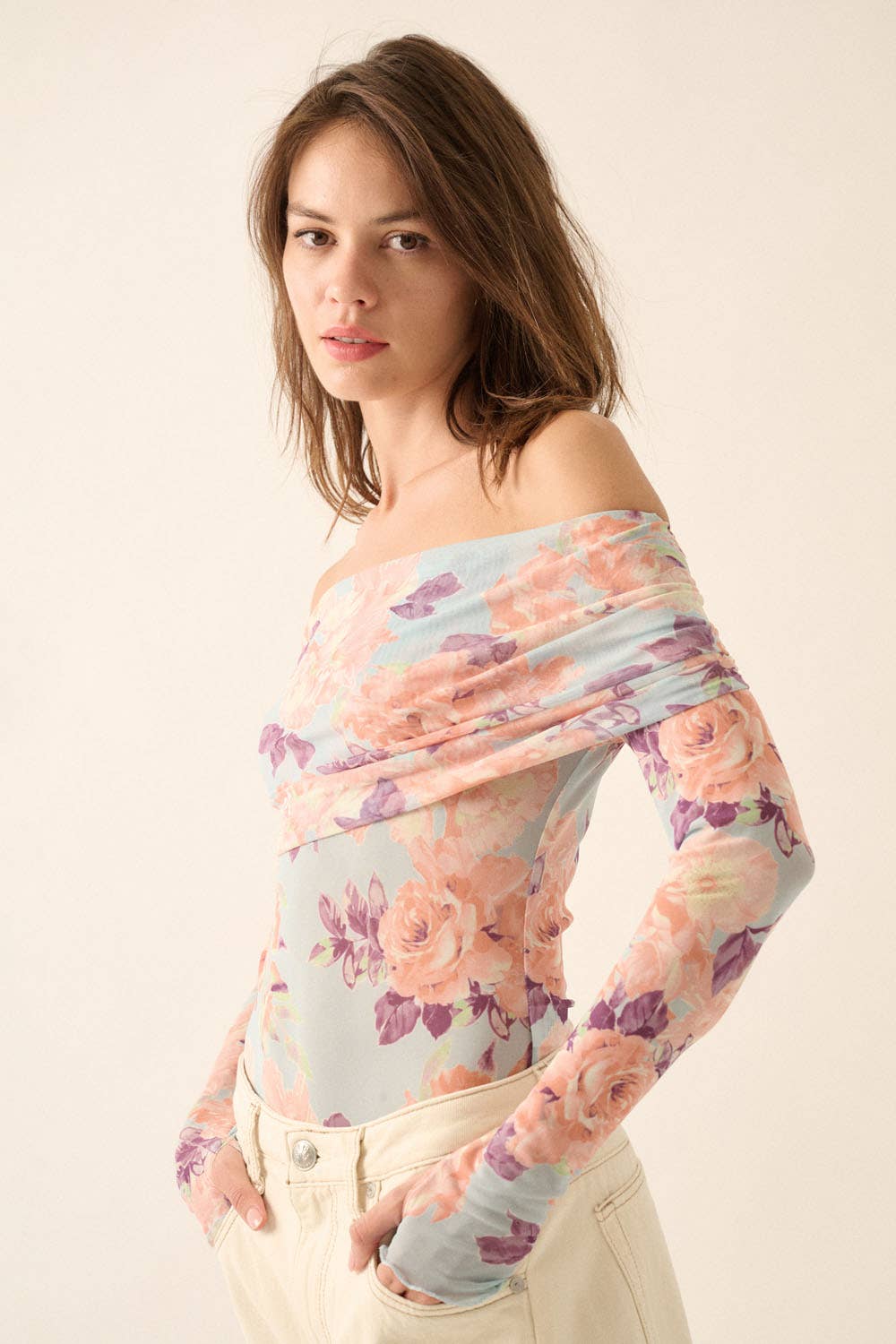 Floral Mesh Off-Shoulder Foldover Bodysuit
