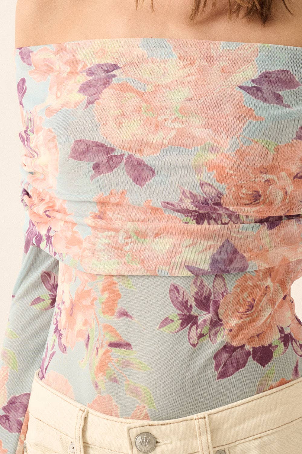 Floral Mesh Off-Shoulder Foldover Bodysuit