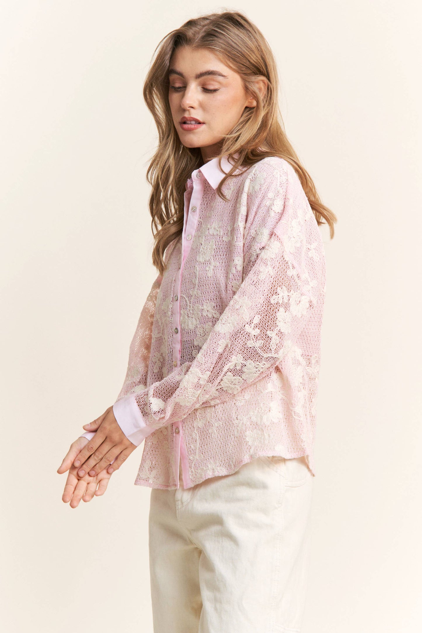 Gauze Lace Floral Embroidered Button Top