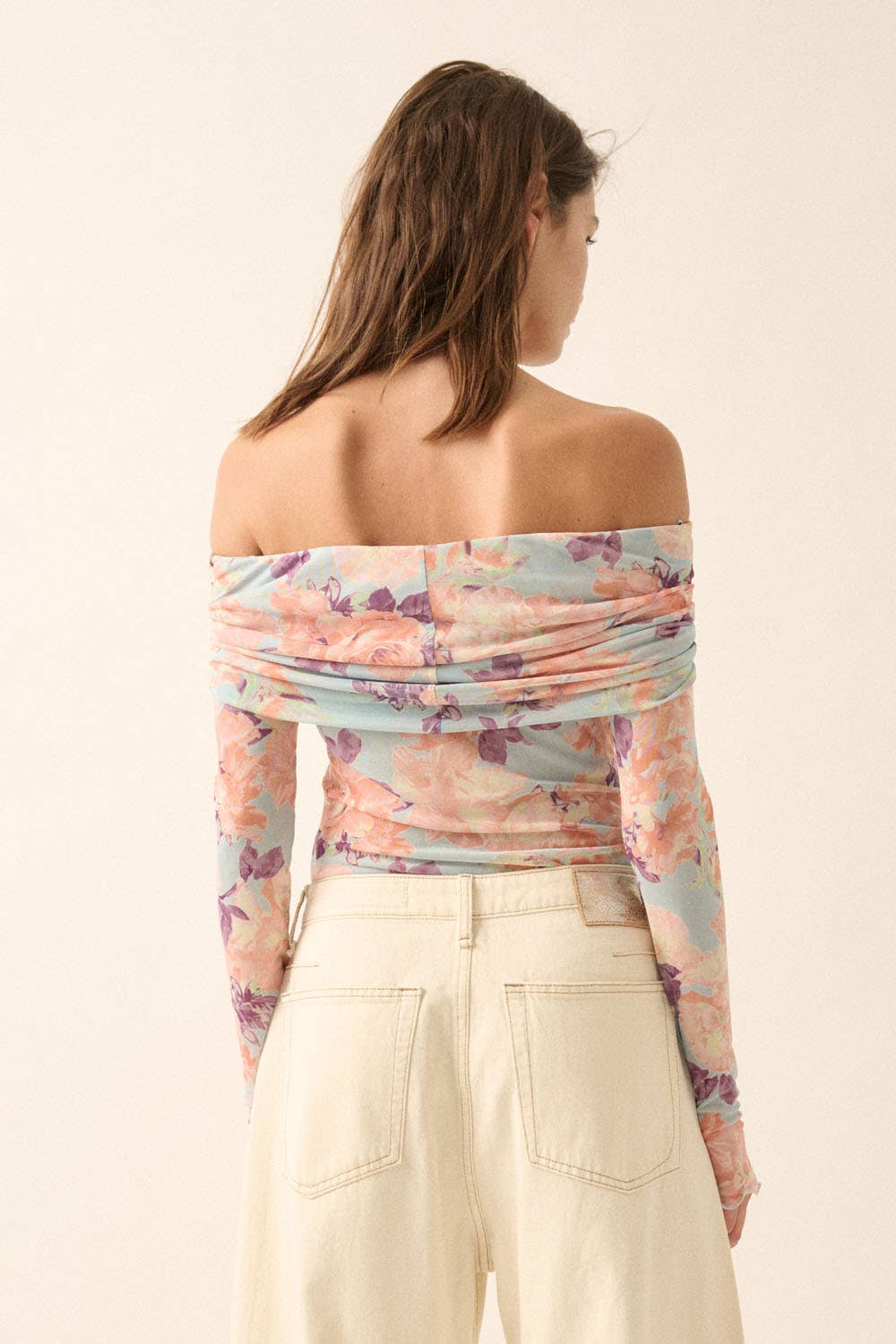 Floral Mesh Off-Shoulder Foldover Bodysuit