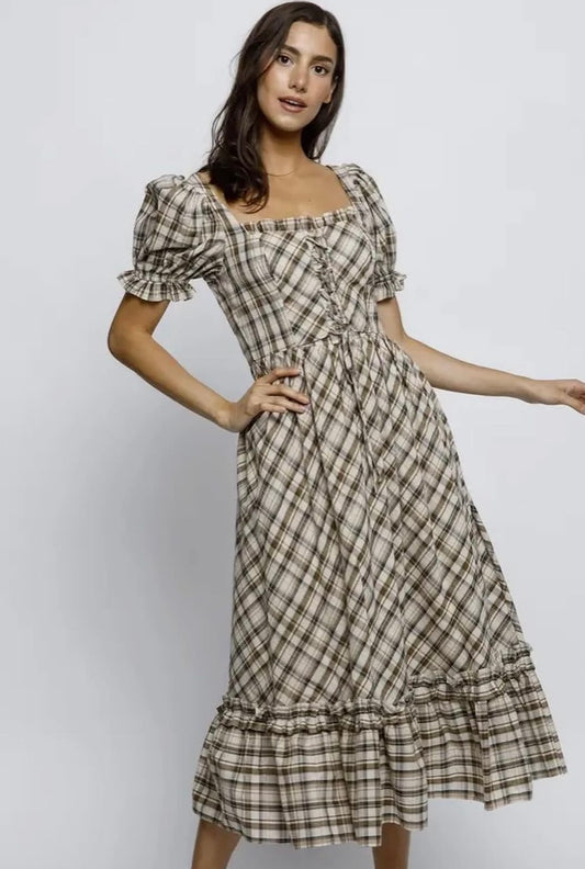 plaid puff sleeve dress
