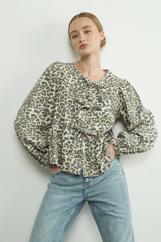ANIMAL PRINT BOW TIE BLOUSE